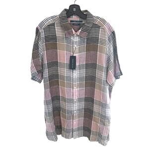 NWT Perry Ellis Men's 100% Linen Plaid Short Sleeve Shirt - XL Tall